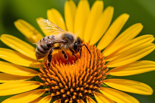 StockPhoto Una abeja melífera ocupada recoge diligentemente el polen de una flor amarilla