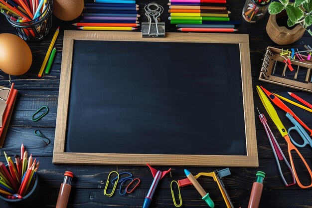 Foto stockphoto concepto de vuelta a la escuela papelería y tablero de escritura en negro