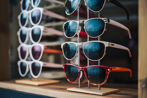 StockPhoto Stylische Sonnenbrillen, die für potenzielle Käufer verführerisch im Schaufenster ausgestellt sind