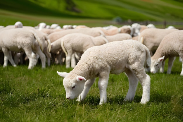 StockPhoto Um cordeiro adorável pastoreia entre o rebanho em um pintoresco prado verde