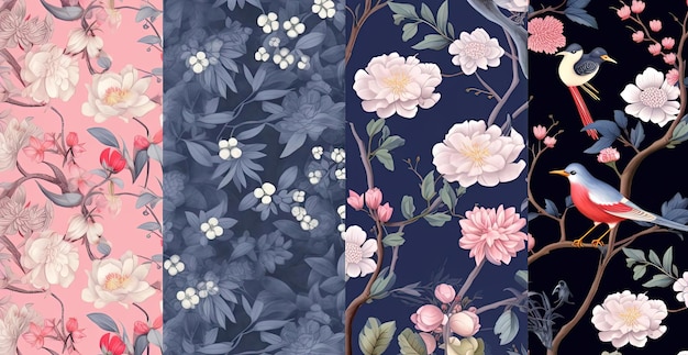 Stoff mit Vogel- und Blumenmuster von Aphelion auf Spoonflower Custom im Stil von dunklem Marineblau und Rosa