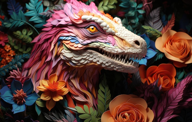 Stoff-Stumpwork-Stickerei von Dinosauriern auf Wald und Blumen Fantasy auf dunklem Hintergrund Höhe detaillierte Stoffstumpwork- Stickerei