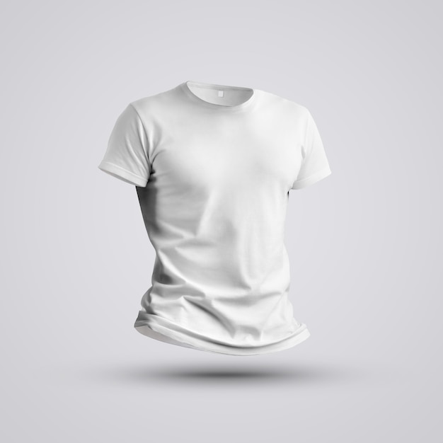 Stoff-Vorlage. Visualisierung eines leeren T-Shirts auf einem Körper ohne einen Mann mit Schatten auf Studiohintergrund. Frontstellung. Mockup, das in Ihrem Design verwendet werden kann.