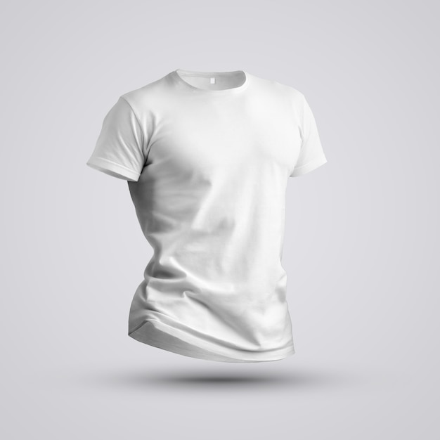 Stoff-Vorlage. Visualisierung eines weißen T-Shirts auf einem Körper ohne Mann mit Schatten auf Studiohintergrund. Frontstellung. Mockup, das in Ihrem Design verwendet werden kann.