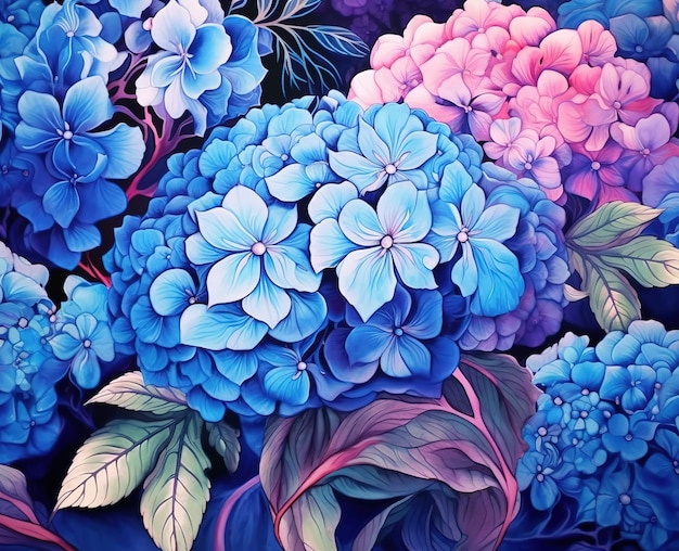 Stoffdesign aus Blumen mit Blau und Lila
