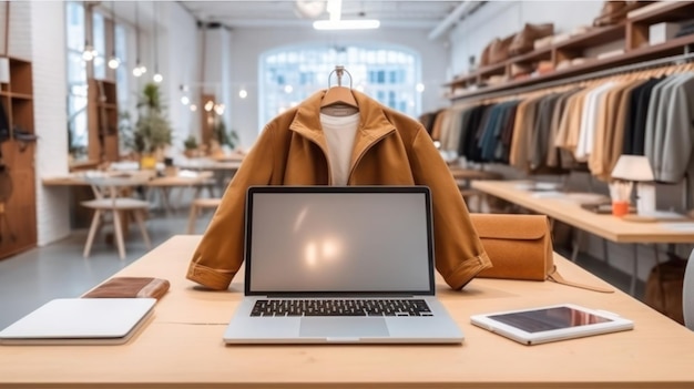 Stoffladen mit Schreibtisch und Computerhintergrund