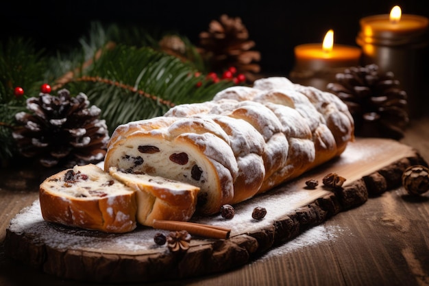 Foto stollen de natal com passas e mirtilos sobre um fundo de madeira