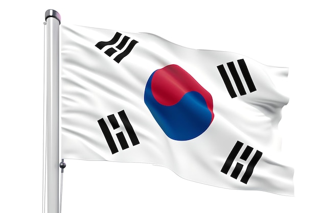 Stolz fliegende südkoreanische Nationalflagge an einer Stange, lebendige Farben, die im Wind wehen, Symbol für Stolz und Patriotismus. KI
