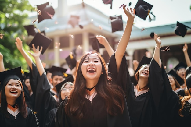 Stolz und Freude asiatische weibliche Universitätsabsolventen strahlen Glück aus bei der Abschlusszeremonie nach Re