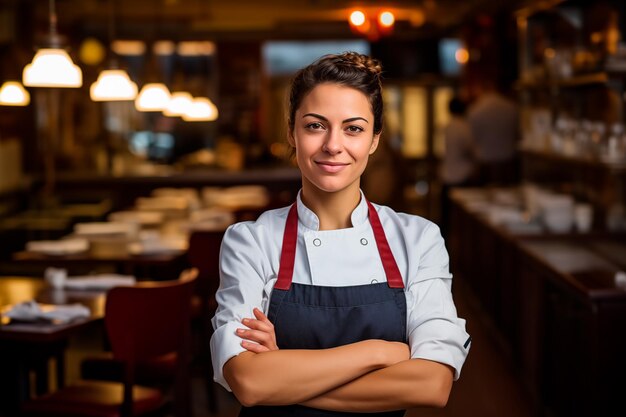 Foto stolze junge köchin steht in einem restaurant