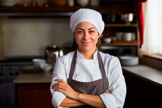 Foto stolze junge köchin steht in einem restaurant