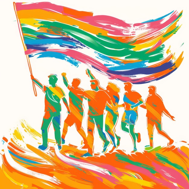 Foto stolze menschen halten eine regenbogenflagge und feiern illustration