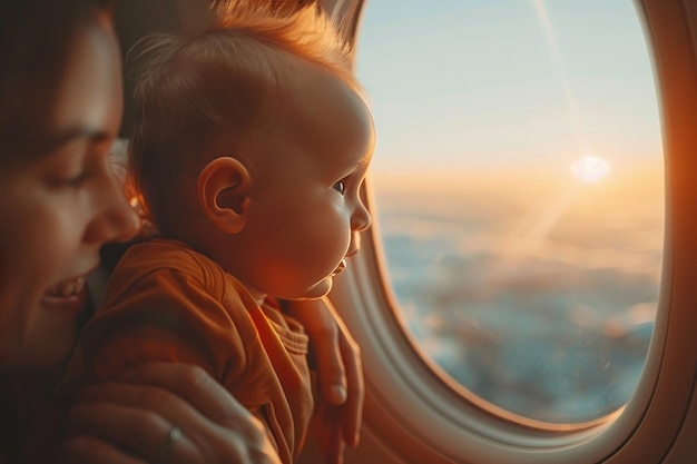 Stolze Mutter kümmert sich um ihren Sohn im Flugzeug Das unerkennbare Baby schaut durch das Fenster