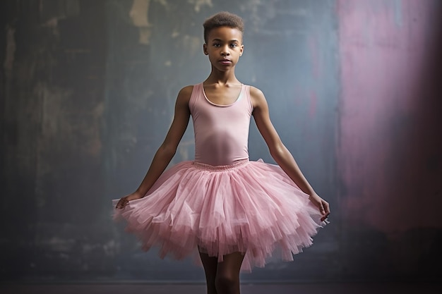 Stolzer afroamerikanischer kleiner Junge beim Ballett, der einen rosa Tutu-Rock trägt. Kinder stehen im Ballett