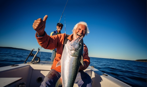 Stolzer bärtiger Fischer mit fröhlichem Gesichtsausdruck, der einen großen Fisch fängt, der einen erfolgreichen Tag hat.