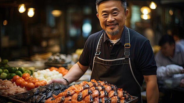 Stolzer Fischhändler auf einem geschäftigen Markt