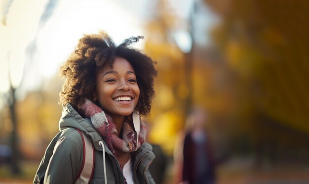 Stolzes afrikanisches Mädchen, lächelnde dunkelhäutige Studentin im Freien, glückliches Porträt mit Kopierraum