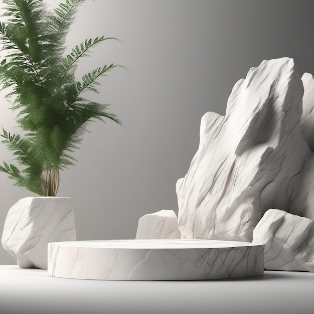 Stone Podium Display mit weißem Felsen und Pflanzen verwischen den Vordergrund abstrakten Hintergrund 3d Render