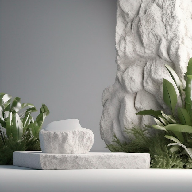 Stone Podium Display mit weißem Felsen und Pflanzen verwischen den Vordergrund abstrakten Hintergrund 3d Render