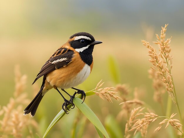 Stonechat oriental Saxicola stejnegeri Belos pássaros masculinos da Tailândia empoleirando-se no campo de arroz