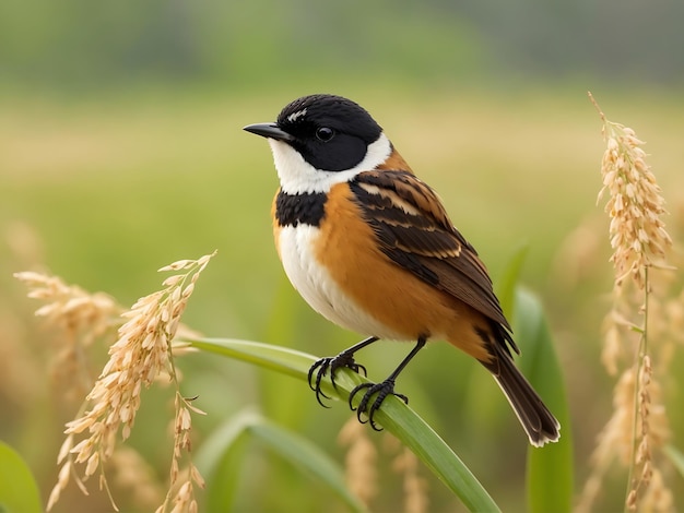 Este Stonechat Saxicola stejnegeri Hermosas aves machos de Tailandia posado en el campo de arroz