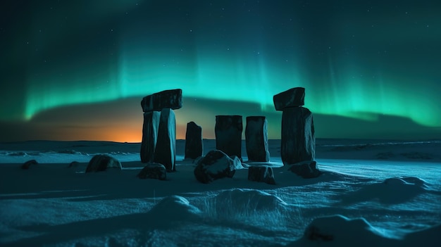 Un Stonehenge con la aurora boreal encima