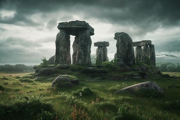 Stonehenge bajo la lluvia con un cielo nublado