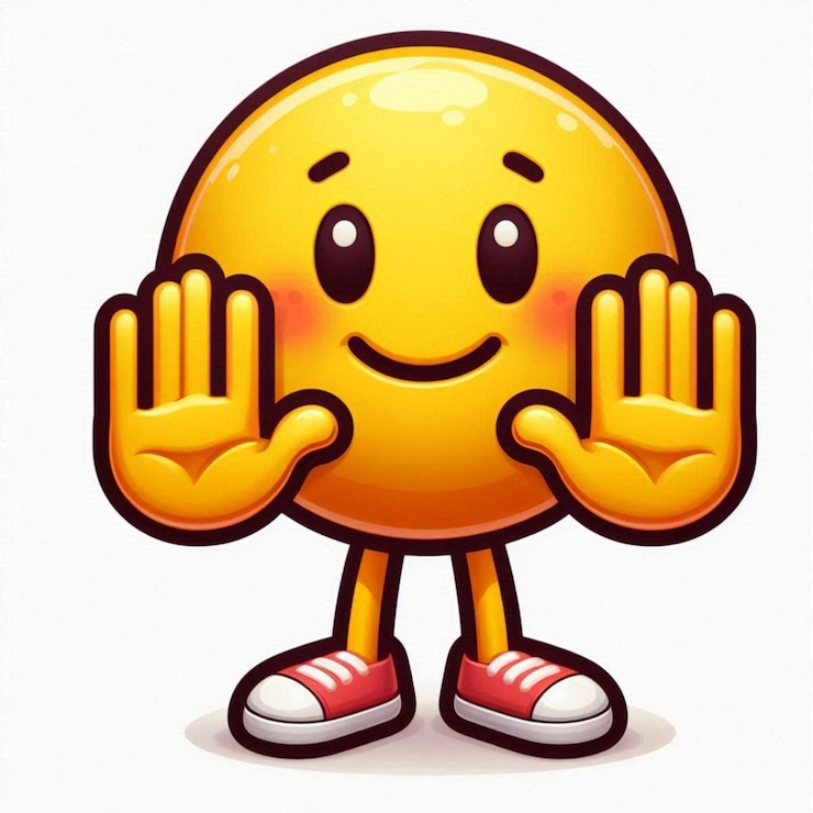 Foto stop-geste lächel-gesicht-emoji zeichentrickfigur weißer hintergrund