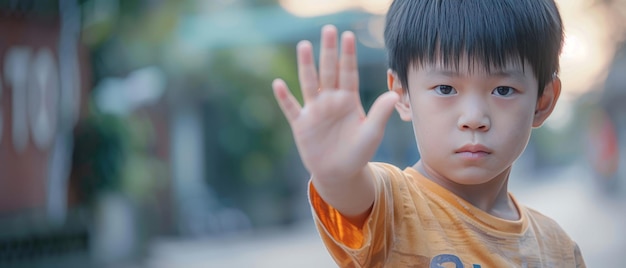 Stop the Violence Niño asiático toma una postura contra el abuso AR