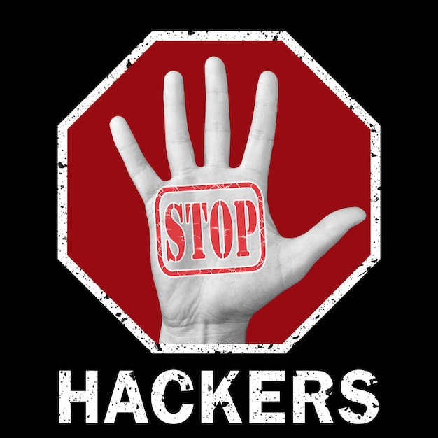 Stoppen Sie Hacker konzeptionelle Illustration. Öffnen Sie die Hand mit den Textstopp-Hackern. Globales soziales Problem