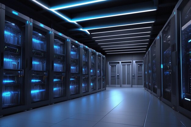 Storage-Datenzentrum großes Serverraum mit blauem Neonlicht in filmischer Atmosphärexxa ar c v