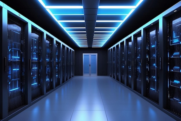 Storage-Datenzentrum großes Serverraum mit blauem Neonlicht in filmischer Atmosphärexxa ar c v
