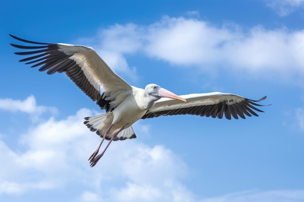 Storch im Flug am blauen Himmel