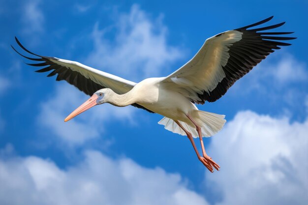 Storch im Flug am blauen Himmel