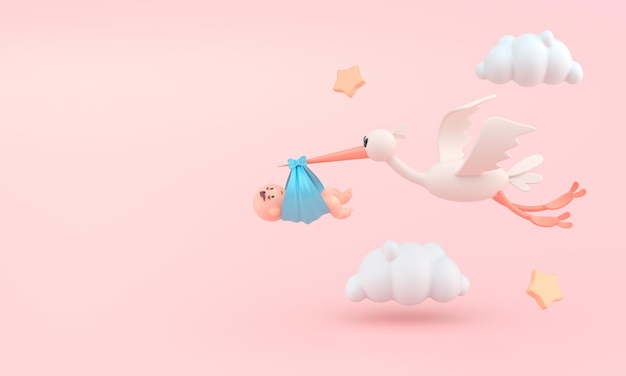 Storch mit Baby 3D-Illustration