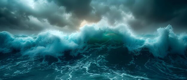 Foto stormy serenade teal waves meet the brooding sky concept nature photography ocean waves stormy weather moody atmosphere teal and grey palette (océano, ondas, tempestades, clima, clima e atmosfera) é uma paleta de cores azuis e cinzentas.