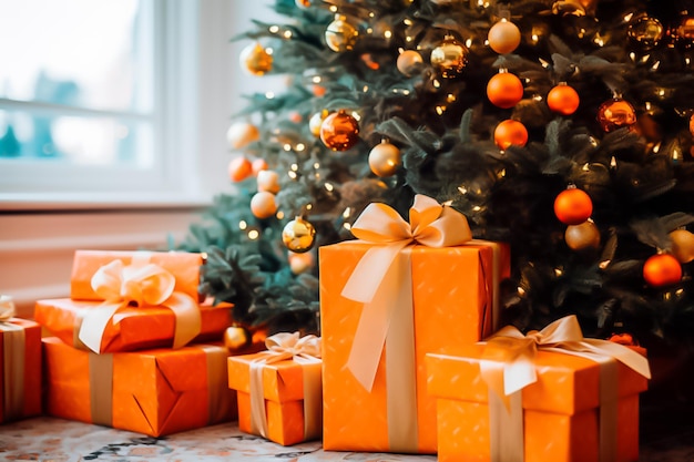 Strahlend orangefarbener Weihnachtsbaum, geschmückt mit funkelnden Perlen, umgeben von einem festlich verpackten Geschenk