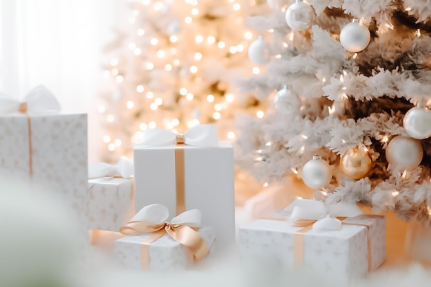 Strahlend weißer Weihnachtsbaum, geschmückt mit funkelnden Perlen, umgeben von festlich verpackten Geschenken