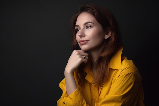 Strahlende Augenblicke Eine fröhliche und aufrichtige Frau posiert optimistisch vor einer weichen grauen Wand