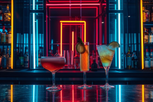 Foto strahlende cocktails, die von neonlichtern beleuchtet werden, auf einer schwach beleuchteten barbank perfekt symmetrisch ausgestellt