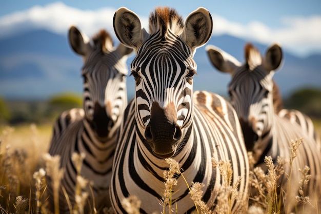 Strahlende Eleganz Ein majestätisches Zebra sonnt sich im sonnengeküssten Feld. Generative KI