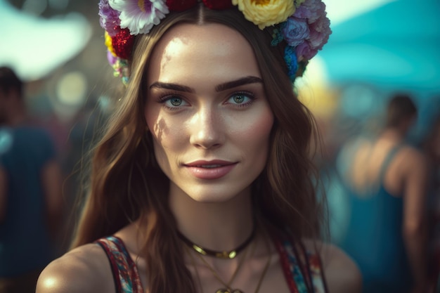 Strahlende Frau auf einem Musikfestival mit Blumenkrone und farbenfrohem Boho-Outfit