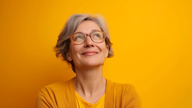 Strahlende Freude Erwachsene Frau mittleren Alters, die ihr Glück ausdrückt, isoliert auf einem festen Hintergrund mit reichlich Platz für eine Kopie