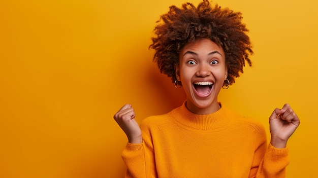 Strahlende Glückseligkeit Afroeuropäische Frau, die Freude feiert, isoliert auf einem farbenfrohen Hintergrund mit reichlich Platz für eine Kopie