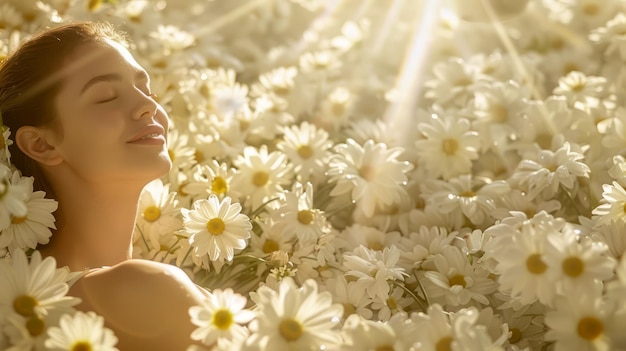 Strahlende junge Frau genießt das Sonnenlicht in einem blühenden Gänseblümchenfeld