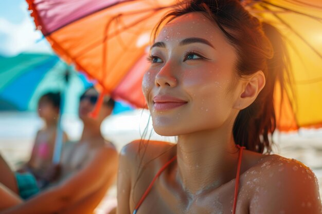 Strahlende junge Frau genießt die Sommersonne unter einem bunten Regenschirm am Sandstrand mit Freunden