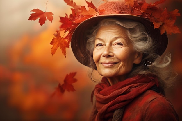 Strahlende lächelnde ältere Frau mit Herbstblättern im Hintergrund