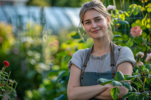 Strahlende Landschaftsarchitektin lächelt im Garten in der Nähe des Gewächshauses Expertise und Freude