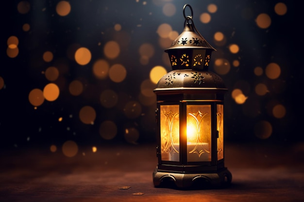 Strahlende Ramadan-Laterne in einem dunklen Raum mit einem dunklen und verschwommenen Bild dahinter, generative KI