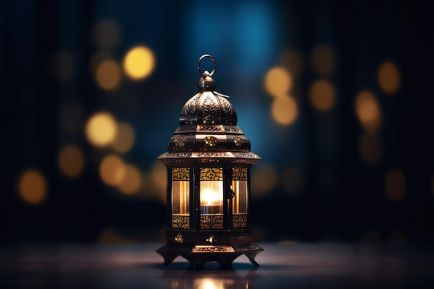 Strahlende Ramadan-Laterne in einem dunklen Raum mit einem dunklen und verschwommenen Bild dahinter, generative KI